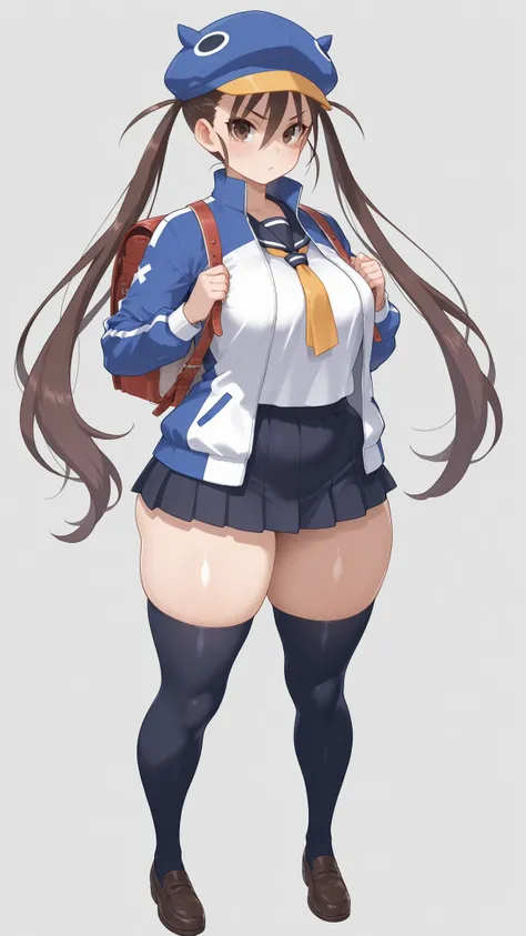 d4fuuka, twin tails,
skirt, knee-high, OPEN JACKET, School Shirt, track jacket, necktie, school uniform, backpack, loafers, blue headwear,  PERFECT SIZE CLOTHING, shiny skin,   Sexy Curvy Bodies ,