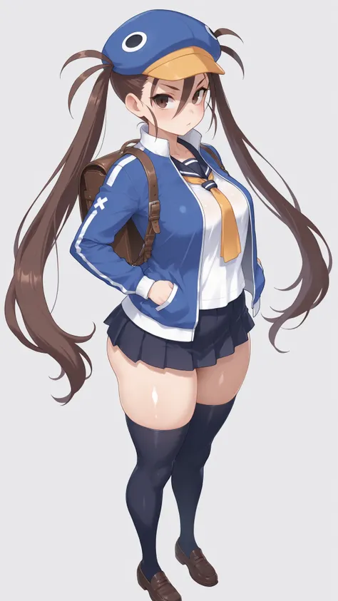 d4fuuka, twin tails,
skirt, knee-high, OPEN JACKET, School Shirt, track jacket, necktie, school uniform, backpack, loafers, blue headwear,  PERFECT SIZE CLOTHING, shiny skin,   Sexy Curvy Bodies ,