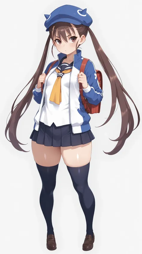 d4fuuka, twin tails,
skirt, knee-high, OPEN JACKET, School Shirt, track jacket, necktie, school uniform, backpack, loafers, blue headwear,  PERFECT SIZE CLOTHING, shiny skin,   Sexy Curvy Bodies ,