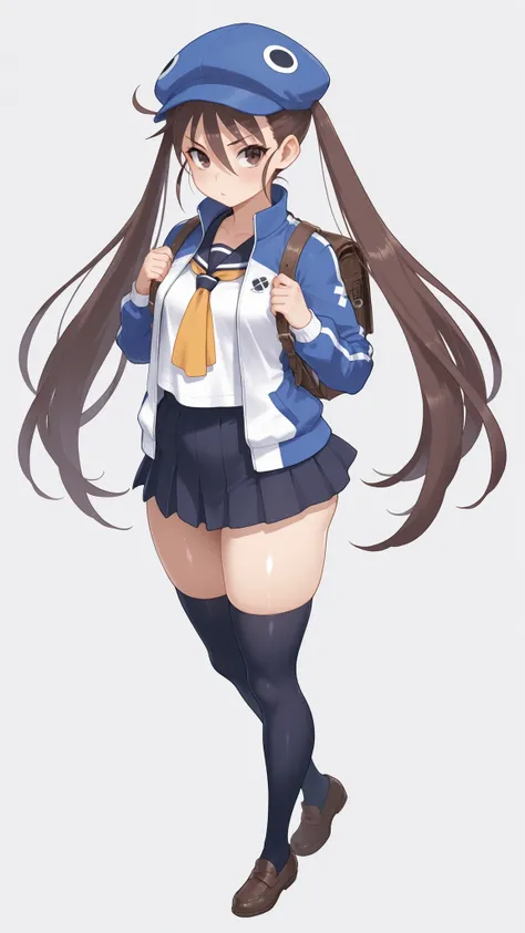 d4fuuka, twin tails,
skirt, knee-high, OPEN JACKET, School Shirt, track jacket, necktie, school uniform, backpack, loafers, blue headwear,  PERFECT SIZE CLOTHING, shiny skin,   Sexy Curvy Bodies ,