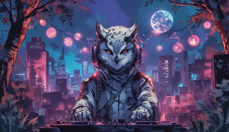 Party night in the middle of the jungle、Wear HIPHOP clothes、snowy owl standing in the DJ booth with headphones on、dynamic composition in solution、high definition、beautiful in every detail、anime style、Super high quality、Highest Quality、8k resolution