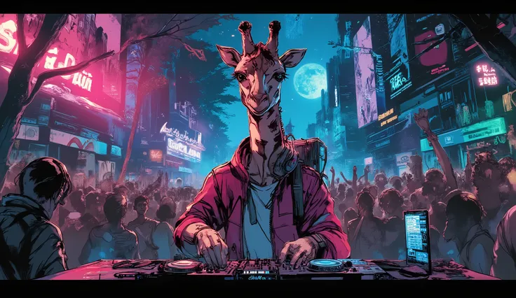 Party night in the middle of the jungle、Wear HIPHOP clothes、Giraffe standing in the DJ booth with headphones on、dynamic composition in solution、high definition、beautiful in every detail、anime style、Super high quality、Highest Quality、8k resolution