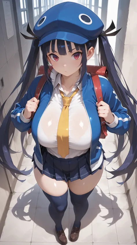 d4fuuka, twin tails,
skirt, knee-high, OPEN JACKET, School Shirt, track jacket, necktie, school uniform, backpack, loafers, blue headwear,  PERFECT SIZE CLOTHING, shiny skin,   Sexy Curvy Bodies ,