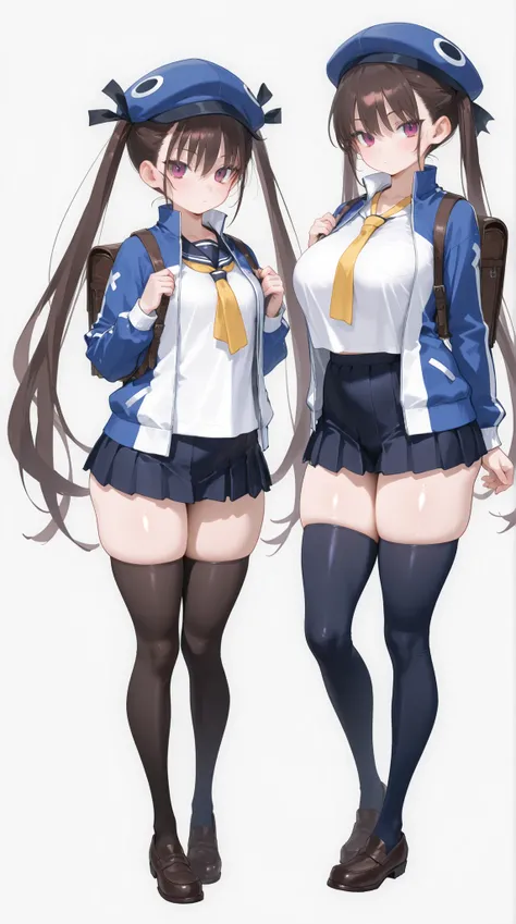 d4fuuka, twin tails,
skirt, knee-high, OPEN JACKET, School Shirt, track jacket, necktie, school uniform, backpack, loafers, blue headwear,  PERFECT SIZE CLOTHING, shiny skin,   Sexy Curvy Bodies ,