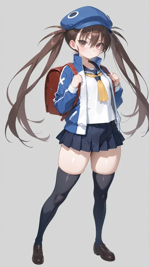 d4fuuka, twin tails,
skirt, knee-high, OPEN JACKET, School Shirt, track jacket, necktie, school uniform, backpack, loafers, blue headwear,  PERFECT SIZE CLOTHING, shiny skin,   Sexy Curvy Bodies ,
