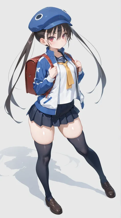 d4fuuka, twin tails,
skirt, knee-high, OPEN JACKET, School Shirt, track jacket, necktie, school uniform, backpack, loafers, blue headwear,  PERFECT SIZE CLOTHING, shiny skin,   Sexy Curvy Bodies ,