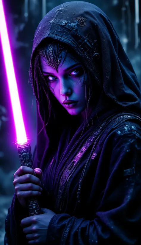 depth of field, focused subject, close up, 1girl, demon face, solo, black jedi robe, glowing hair, looking at the viewer, heterochromia eyes, neon color palette, holding neon sword, eerie, dynamic lighting, shadows, silhouette, ghost in armor, dynamic angl...