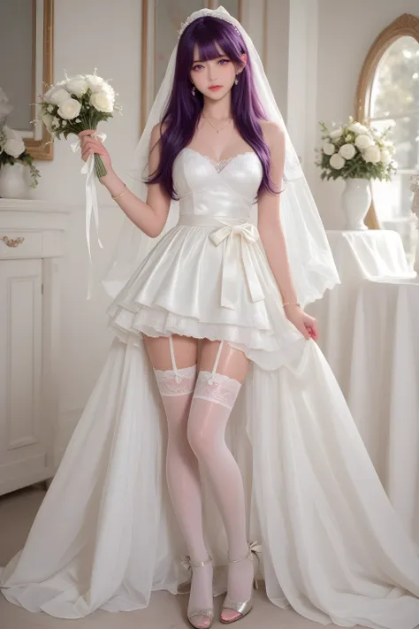  A beautifully detailed 、High quality、Very high resolution、 Clear subject 、Excellent depth of field、A masterpiece with dynamic lighting、A masterpiece with a vivid shooting angle。A girl with purple hair，bouquet in hand，wears a long white wedding dress，Bow w...