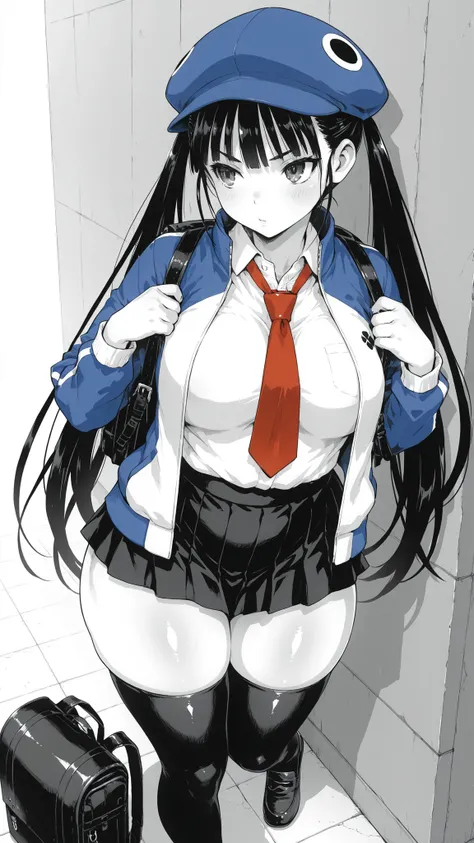 d4fuuka, twin tails,
skirt, knee-high, OPEN JACKET, School Shirt, track jacket, necktie, school uniform, backpack, loafers, blue headwear, PERFECT SIZE CLOTHING, shiny skin, Sexy Curvy Bodies ,