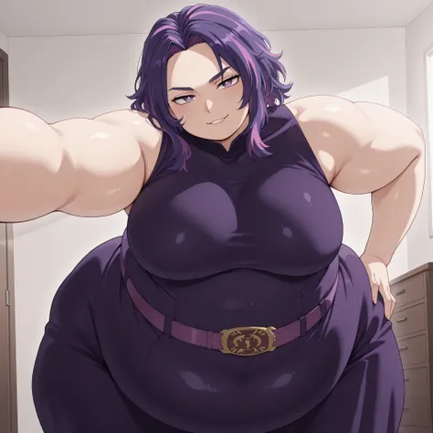 bloated belly,fat,plump,hyper fat,hyper obese,WeightImmobile,Lady Nagant,kabedon on viewer,Lady Nagant,shiny skin,looking at viewer,seductive smile,open mouth,teeth,biting lip,adult, milf,mature looking woman,blushing,source_anime, hires image, masterpiece...