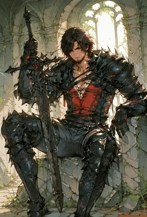 Clive Rosfield,final fantasy xvi, sitting in a stone throne, holding a metal sword, Def, male focus, muscular male, white hair, spiked brown hair, short hair, armor, metal gaulet, extremely detailed,dynamic lighting,best quality,,,best quality,high quality...