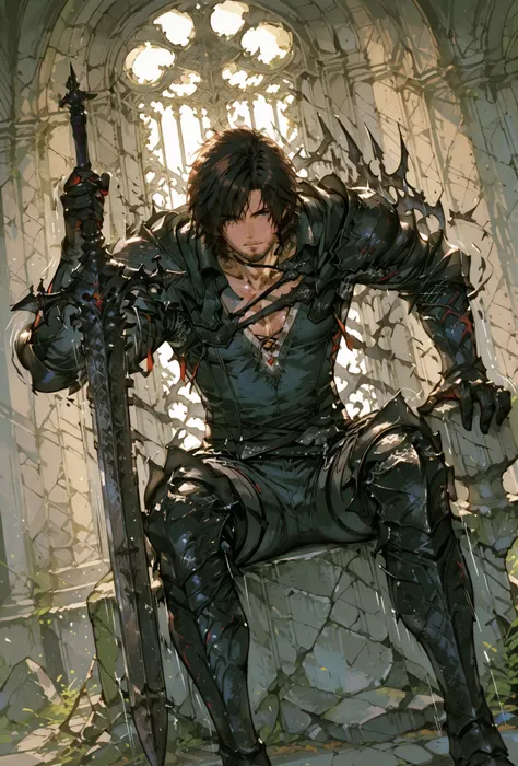 Clive Rosfield,final fantasy xvi, sitting in a stone throne, holding a metal sword, Def, male focus, muscular male, white hair, spiked brown hair, short hair, armor, metal gaulet, extremely detailed,dynamic lighting,best quality,,,best quality,high quality...