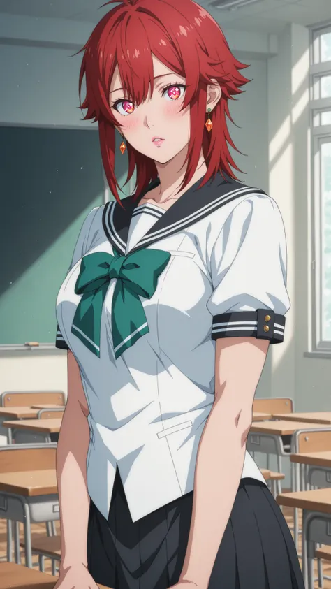 Aizawa Satoshi , medium hair, 赤い髪, medium breasted, earrings, pink lips , fiery red eyes, Muscular Body , |  Anime Screen Caps Score, score_9, score_8_up, score_7_up, source_ anime BREAK dwreiko, 1girl, solo, Indoor, Classroom break school uniform, White S...