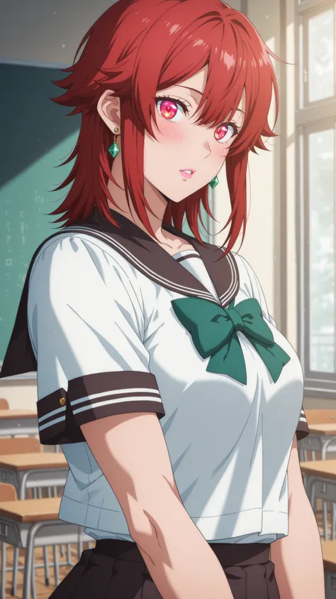 Aizawa Satoshi , medium hair, 赤い髪, medium breasted, earrings, pink lips , fiery red eyes, Muscular Body , | Anime Screen Caps Score, score_9, score_8_up, score_7_up, source_ anime BREAK dwreiko, 1girl, solo, Indoor, Classroom break school uniform, White S...