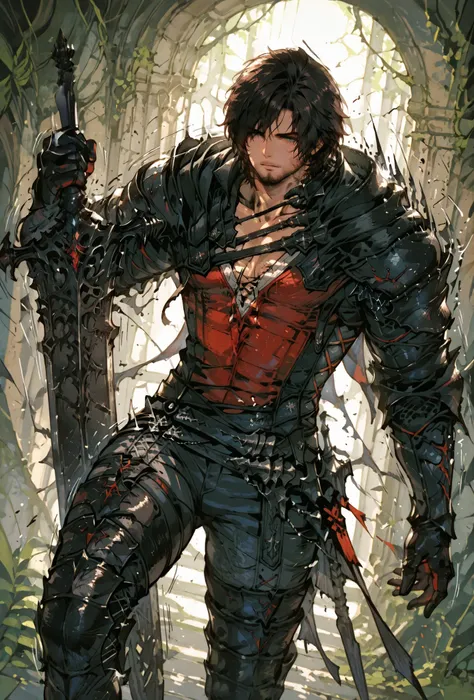 Clive Rosfield,final fantasy xvi, holding a metal sword, Def, male focus, muscular male, white hair, spiked brown hair, short hair, armor, metal gaulet, extremely detailed,dynamic lighting,best quality,,,best quality,high quality,, , dynamic angle, , thick...