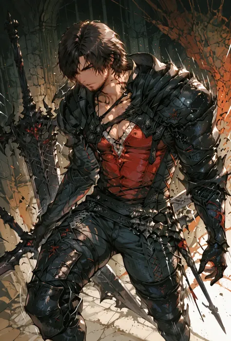 Clive Rosfield,final fantasy xvi, holding a metal sword, Def, male focus, muscular male, white hair, spiked brown hair, short hair, armor, metal gaulet, extremely detailed,dynamic lighting,best quality,,,best quality,high quality,, , dynamic angle, , thick...