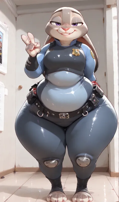 score_9, score_8_up, score_7_up, 1girl, solo, Judy Hopps from Zootopia, Police Uniforms, ( plump:1.6),thick thighs,Naughty Smile,(wide hips:1.4),thick arms,hand behind your back,Light Blue Inner,an object in the shape of dark blue pants,black belt,(long le...