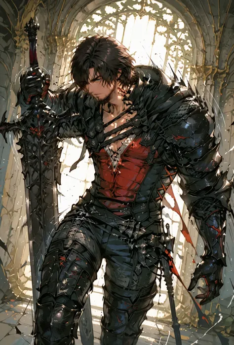 Clive Rosfield,final fantasy xvi, holding a metal sword, Def, male focus, muscular male, white hair, spiked brown hair, short hair, armor, metal gaulet, extremely detailed,dynamic lighting,best quality,,,best quality,high quality,, , dynamic angle, , thick...