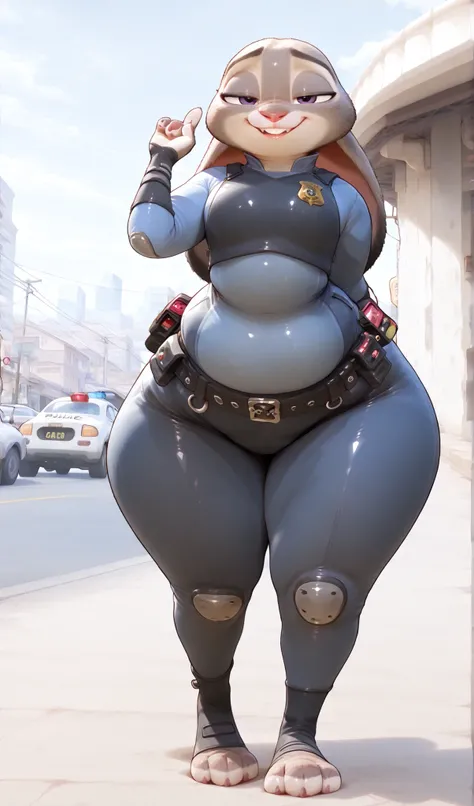 score_9, score_8_up, score_7_up, 1girl, solo, Judy Hopps from Zootopia, Police Uniforms, ( plump:1.6),thick thighs,Naughty Smile,(wide hips:1.4),thick arms,hand behind your back,Light Blue Inner,an object in the shape of dark blue pants,black belt,(long le...