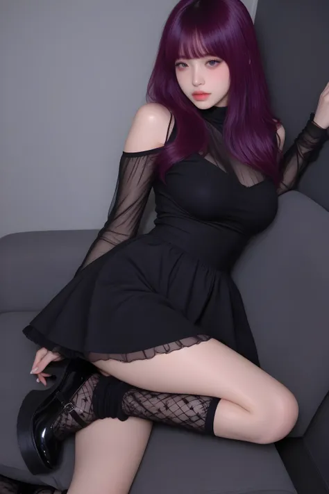 A white girl with purple hair，in a dress，Full breasts ，Glossy black mesh socks with pedals，show details。