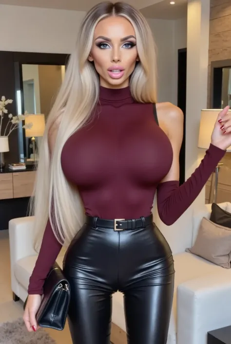 A woman stands confidently in a well-lit interior setting. Her long, wavy hair cascades over her shoulders. She is wearing a fitted, high-necked sweater in a deep burgundy color, which accentuates her elegant silhouette. Paired with the sweater, she dons s...