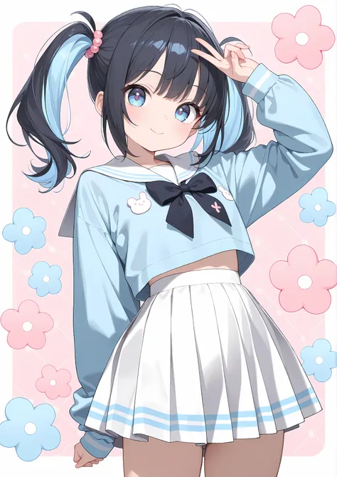 (masterpiece,best quality,ultra detailed,highres:1.2),1girl,yumekawaii fashion,Intricate folds of skirt,(black half-twin tails hair),blue inner highlights,looking at viewer,ultra detailed large cute eyes,pose,(blush:0.2),(smile:0.5),kawaii background,paste...