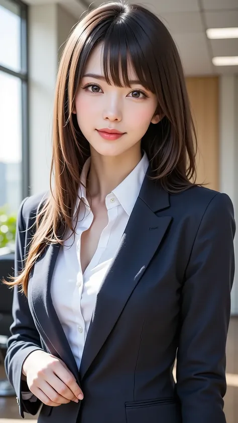 A realistic, eye-level medium shot of an attractive Japanese woman in her 30s with elegant long black hair. She has natural makeup and is looking directly at the viewer with a calm, professional expression. She is wearing a neat office uniform with a blaze...