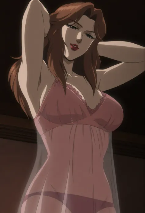 1girl,solo,mm,mature female,brown hair,long hair,lipstick,retro artstyle,anime coloring,
pink negligee,see-through,underwear,arms behind head, seductive smile, parted lips, looking down, looking at viewer, from below, indoors
,masterpiece,best quality,amaz...
