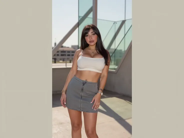 Une jeune femme se tient debout en toute confiance dans un environnement extérieur, habillée d'un haut court blanc sans manches et d'une mini-jupe grise ajustée. Sa longue, des cheveux noirs tombent en cascade sur ses épaules. Elle l'accessoirise avec un c...