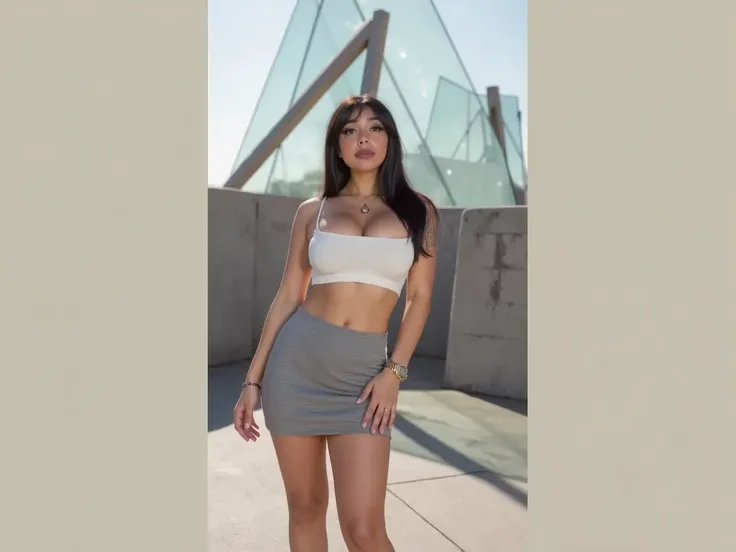 Une jeune femme se tient debout en toute confiance dans un environnement extérieur, habillée d'un haut court blanc sans manches et d'une mini-jupe grise ajustée. Sa longue, des cheveux noirs tombent en cascade sur ses épaules. Elle l'accessoirise avec un c...