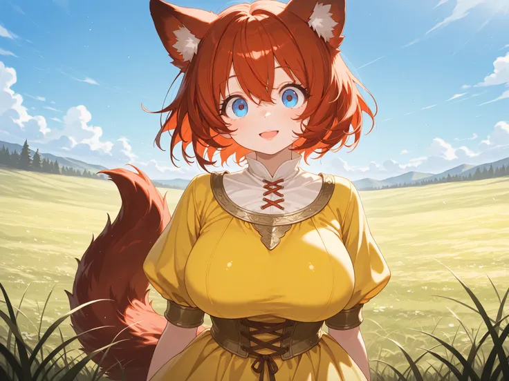 masterpiece, top quality, 8k, 1 girl, (big round eyes:1.2), (tareme), long eyelashes, (cute style), (red hair), semi short hair, wolf ears, standing, (blue eyes), hairs between eyes, large breasts, pink lips, wolf tail, medieval clothing, (yellow dress:1.2...