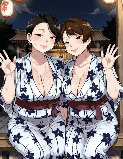 score_9_up , score_8_up , score_7 , masterpiece, Two mature women side by side, watching viewers, Sitting on a bench and waving, mm,mature female, brown eyes,plump,large breasts, black hair ponytail hair and brown short hair,  Night Shrine, summer festival...