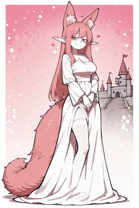hentamonn,masterpiece , best quality , amazing quality , very aesthetic, white skin, tall girl, adult, rounded elf ear, yellow eye, cold look, pink hair, straight hair, bangs, sharp canines, big fluffy fox tail, fox ears, smug smile, princess, dress, white...