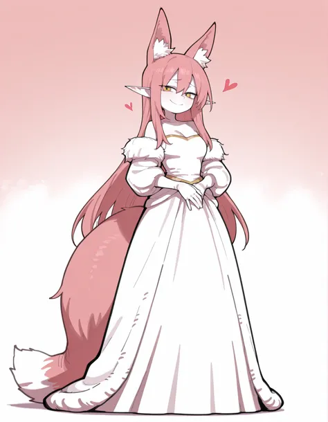 hentamonn,masterpiece , best quality , amazing quality , very aesthetic, white skin, tall girl, adult, rounded elf ear, yellow eye, cold look, pink hair, straight hair, bangs, sharp canines, big fluffy fox tail, fox ears, smug smile, princess, dress, white...