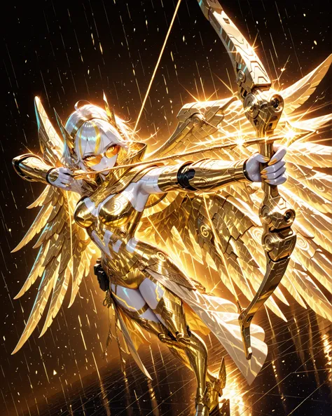 drawing bow (weapon),aiming at viwer,arrow (projectile),bow (weapon),holding bow (weapon),aiming,Frontal angle, full body, (masterpiece, 4k, ultra-detailed, vibrant colors), {1 woman}: (a beautiful and attractive woman, white skin, short white hair with ye...