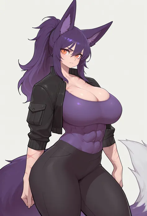 gorgeous kitsune girl, beautiful face, kitsune, purple color hair, hunter girl, orange eyes, slit pupils, volputrous body, covered breasts, curvy and athletic, fox ears, ponytail hair, black jacket, black pants, fox tail, strong female, abs, cleavage, scar...