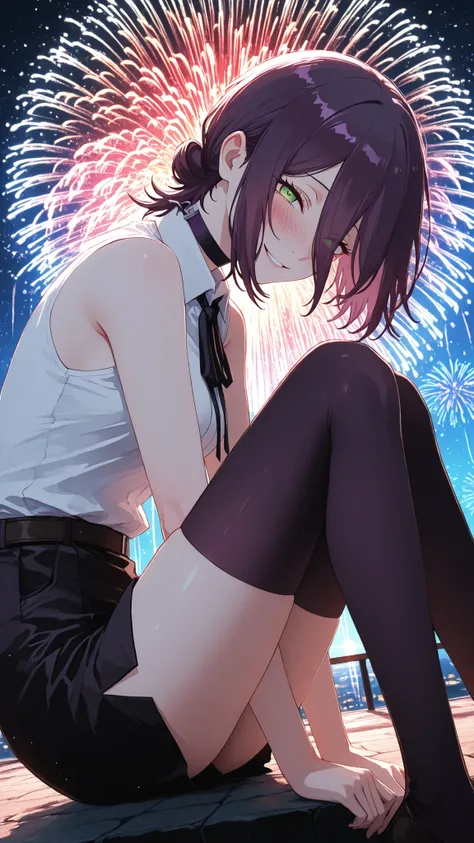 ultra high definition,1girl,reze,naughty face,Smile,Blush,fascinated expression,Blush,white sleeveless shirt,black knee-high socks,From the side,looking at this,Backlight,A fantastic atmosphere that makes you feel like you are on the border between reality...