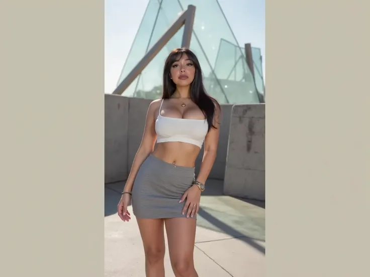 Une jeune femme se tient debout en toute confiance dans un environnement extérieur, habillée d'un haut court blanc sans manches et d'une mini-jupe grise ajustée. Sa longue, des cheveux noirs tombent en cascade sur ses épaules. Elle l'accessoirise avec un c...