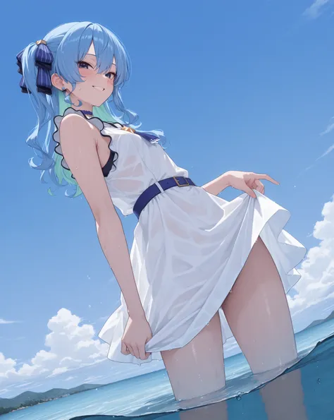 1 sexy gal , Hoshimachi Suisei_(ホロライブ), solo, (masterpiece, top quality, highly detailed depiction, incredibly high resolution, high quality anime picture), (voluminous A-line silhouette), (seductive gestures),
handfixer, flat color, 1girl, skirt, smili...