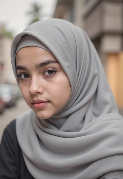 Photo portrait of a beautiful Bandung girl wearing a hijab and dimples, around 17 years old, (plain grey hijab), (portrait medium shot:1.3), dramatic light, Rembrandt lighting scheme, (hyperrealism:1.2), (8K UHD: 1.2), ( photorealistic:1.2), shot with Cano...