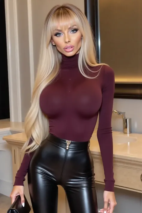 A woman stands confidently in a well-lit interior setting. Her long, wavy messy big platinum blonde 80s heat metal hair with bangs cascades over her shoulders. She is wearing a fitted, high-necked sweater in a deep burgundy color, which accentuates her ele...