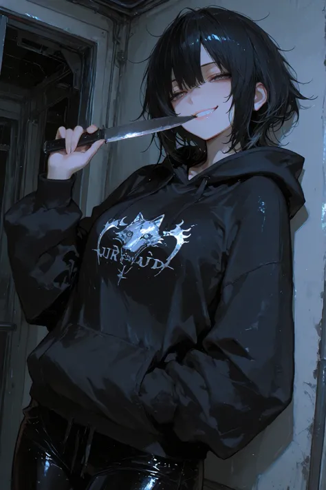 holding knife, 748cmstyle, 1girl solo, ultrahd, best quality, highres, beautiful eyes, best eyes, good eyes, 8k, 4k, ultrahd, black hair, short hair, black hoodie, black pants, gray eyes, disheveled hair, wolf cut, messy hair, teasing, grin, smug