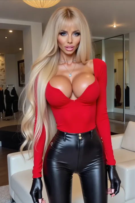 A woman stands confidently in a well-lit interior setting. Her very long, wavy, very messy very big platinum blonde 80s heavy metal hair with bangs cascades over her shoulders. She is wearing a fitted skintight sweater in a bright red color, which accentua...