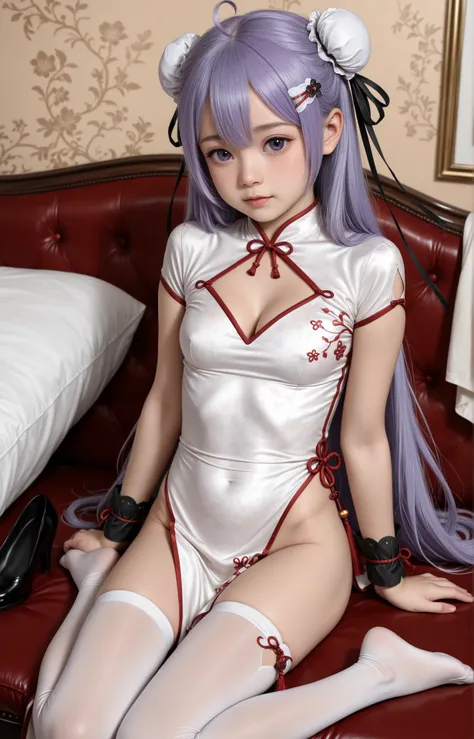 (masterpiece, best quality), 1girl ,bangs,bun cover,china dress,Chinese clothes,dress,hair bun,lon hair,purple eyes,purple hair,ribbon,Unicorn_cn,white dress,pelvic curtain,short sleevs,wrist cuffs,ahoge,(white thighhighs:1.2),very long hair,black ribbon,c...