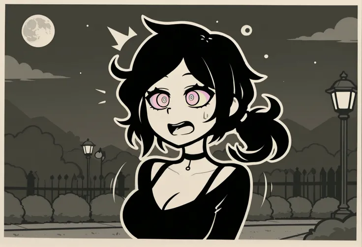  masterpiece, best quality, amazing quality, very aesthetic, absurdres, newest, Ashley, black hair, ponytail, choker, necklace, black choker, outline, white outline, solo, breasts, open mouth, hair ornament, cleavage, , monochrome, choker, ^^^, surprised, ...