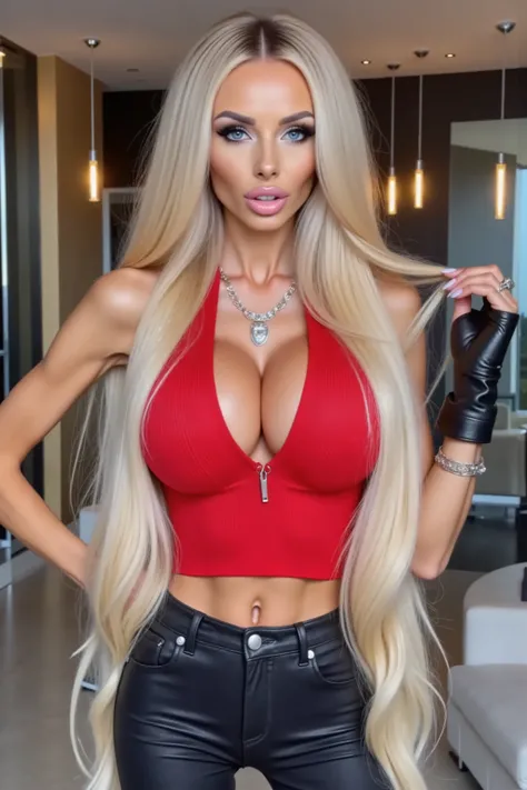 A woman stands confidently in a well-lit interior setting. Her very long, wavy, very messy very big platinum blonde 80s heavy metal hair with bangs cascades over her shoulders. She is wearing a fitted skintight sweater in a bright red color, which accentua...