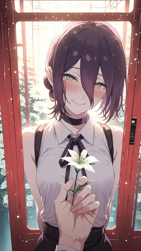 ultra high definition,1girl,reze,naughty face,Woman in a telephone booth,Smile,Blush,fascinated expression,Holding a white flower in your hand,looking at this,fantastic atmosphere like being on the border between reality and fantasy,Mysterious city scene w...