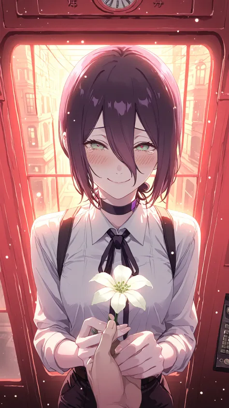 ultra high definition,1girl,reze,naughty face,Woman in a telephone booth,Smile,Blush,fascinated expression,Holding a white flower in your hand,looking at this,A fantastic atmosphere that makes you feel like you are on the border between reality and fantasy...