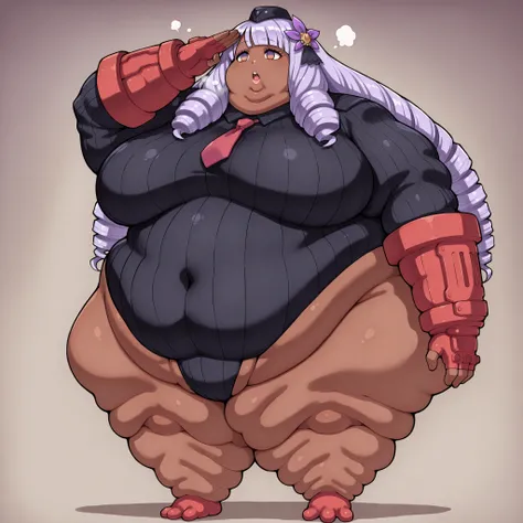 jacinthe, long hair, bangs, purple hair, dark-skinned female, drill hair,multicolored eyes, hair ornament, breasts,Expressionless,empty eyes,shadaloo dolls, gloves, hat, standing, cowboy shot, fingerless gloves,black leotard, cosplay, highleg, highleg leot...