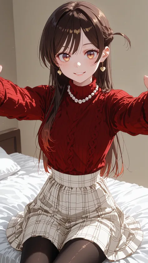 catchLight:1.3,Mizuhara Chizuru,View Me,parted lips smile,red turtleneck knit,Red Shoulder Ruffle Sweater,Check white high waisted middle skirt:1.3,brack pantyhose,(Dark Brown and Light Brown Gradient Iris Eye:1.2),(imminent hug:1.4),(pearl necklace:1.3),b...